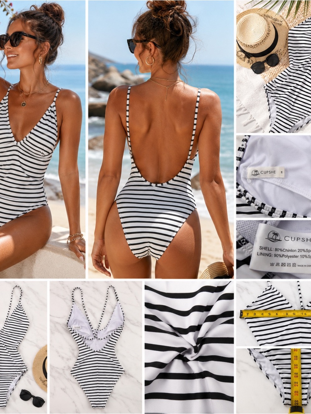 CUPSHE Swimsuit Medium White Stripe One Piece Deep V Backless Nautical Beach Y2K
